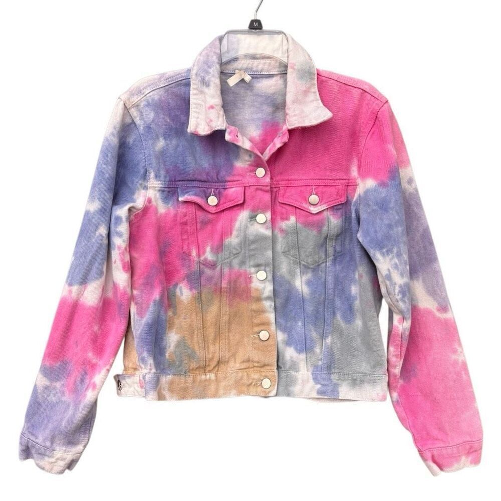Andreé Tie Dye Pink Blue White Tan Jean Jacket Women Sz Large Long Sleeve Cotton